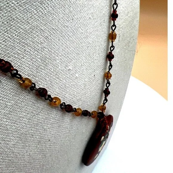 Vintage Hand-Painted Floral Pendant Necklace With Beaded Chain.  B44 - Picture 9 of 13